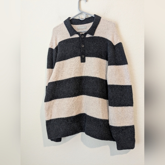 Everlane Black Cream Stripe Stretch Wool Rugby Polo Sweater XL Machine Washable - Picture 5 of 10